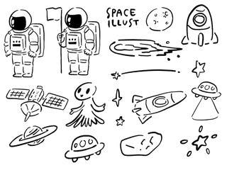 手描き風　宇宙に関するゆるいイラストセット	線画