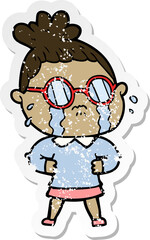 distressed sticker of a cartoon crying woman wearing spectacles