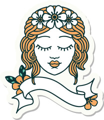 tattoo style sticker with banner of a maidens face