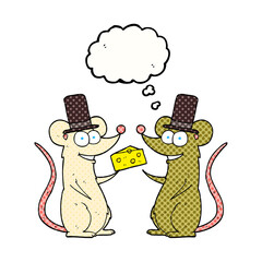 freehand drawn thought bubble cartoon mice with cheese