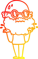 warm gradient line drawing of a cartoon worried man with beard and sunglasses