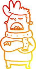 warm gradient line drawing of a obnoxious man in winter clothes
