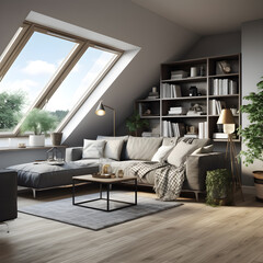 modern living room with fireplace Grey attic living room interior with sofa