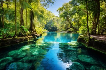 An image showing a pool surrounded by lush greenery and clear blue water. Generative AI