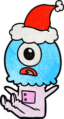 hand drawn textured cartoon of a cyclops alien spaceman wearing santa hat