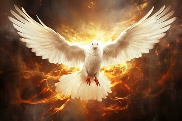 A tranquil white dove symbolizing peace, surrounded by an intense and serene blaze. Generative AI
