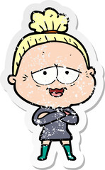 distressed sticker of a cartoon happy old lady