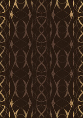 Hand-drawn unique abstract ornament. Light semi transparent brown on a dark brown background, with vignette of same pattern in golden glitter. Paper texture. Digital artwork, A4. (pattern: p10-3e)