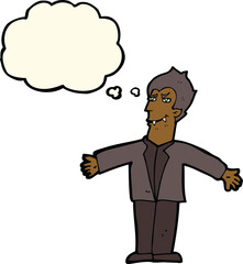 cartoon vampire man with open arms with thought bubble