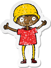 retro distressed sticker of a cartoon boy with positive attitude