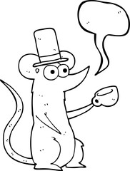 freehand drawn speech bubble cartoon mouse with cup and top hat