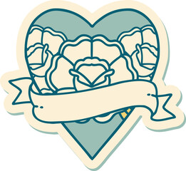 sticker of tattoo in traditional style of a heart and banner with flowers