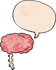 cartoon brain with speech bubble in retro texture style