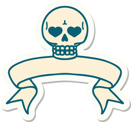 tattoo style sticker with banner of a skull