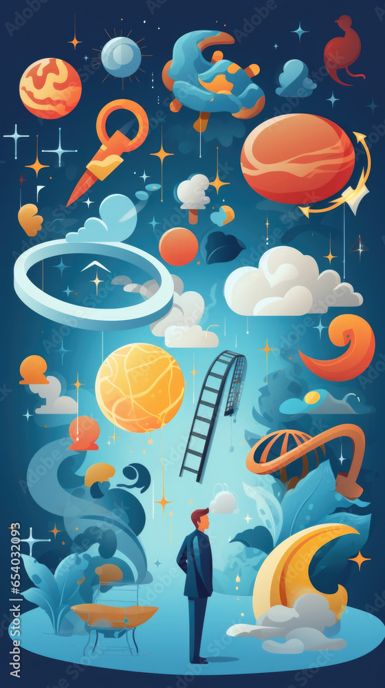 Poster the character is shown dreaming, with various objects representing different psychological concepts 