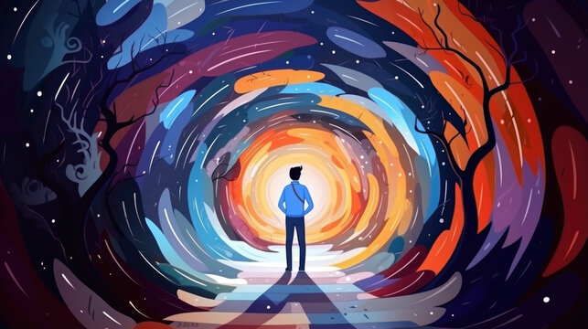 The cartoon character undergoes hypnosis and experiences vivid flashbacks, delving into their hidden memories and unresolved traumas. Psychology art