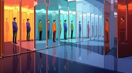 The protagonists cartoon avatar walks through a hall of mirrors, each reflection distorting their appearance and highlighting different aspects of their personality. Psychology art