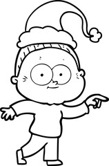 hand drawn line drawing of a happy old woman wearing santa hat