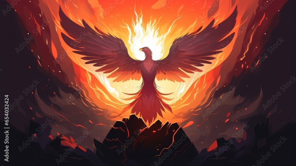 Poster a characters resilience is symbolized by a phoenix rising from the ashes, representing the ability t