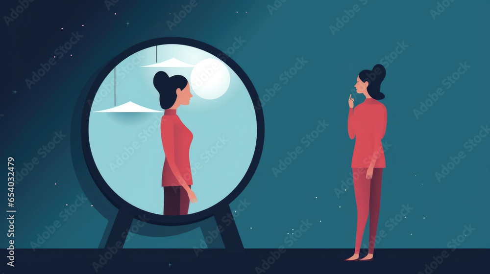 Poster a character encountering a mirror reflection of themselves, portraying selfreflection and introspect