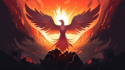 A characters resilience is symbolized by a phoenix rising from the ashes, representing the ability to bounce back from adversity and overcome challenges. Psychology art - obrazy, fototapety, plakaty
