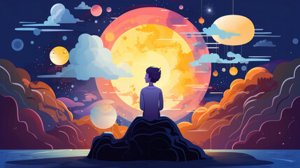 A characters dreams coming to life, ilrating the power of the subconscious mind. Psychology art