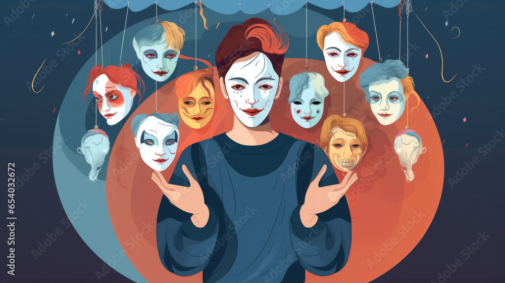 Poster the character is seen juggling different masks, each representing a different persona they project t