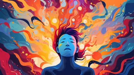 An animated character suffering from PTSD is shown experiencing a vivid and distressing flashback, portrayed with swirling colors and disorienting visuals. Psychology art - obrazy, fototapety, plakaty