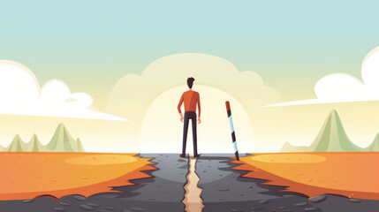 A cartoon character stands at a fork in the road, torn between making a safe but unfulfilling decision and taking a riskier path that could lead to their desired outcome. Psychology art