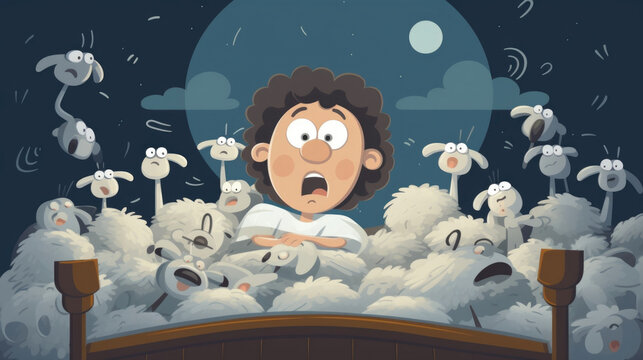 A cartoon character with insomnia is shown tossing and turning in bed, surrounded by animated sheep jumping over fences that fail to help them sleep. Psychology art