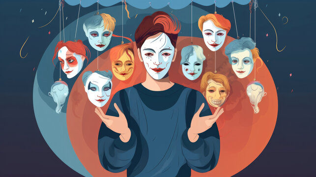 The character is seen juggling different masks, each representing a different persona they project to the world, exploring the concept of multiple personality disorder. Psychology art