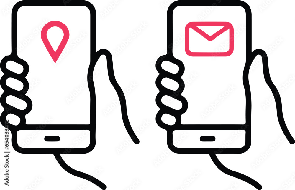 Aufkleber vector illustration of a hand holding a smartphone with a location icon and an email application. is
