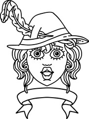 Black and White Tattoo linework Style human bard character with banner