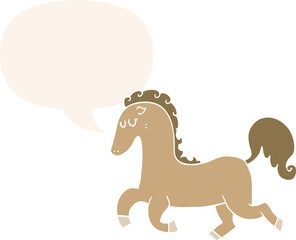 cartoon horse running with speech bubble in retro style