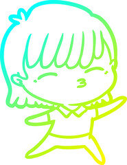 cold gradient line drawing of a cartoon woman