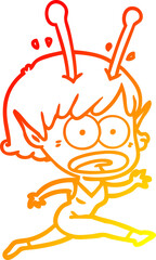 warm gradient line drawing of a cartoon shocked alien girl
