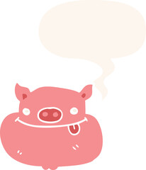 cartoon happy pig face with speech bubble in retro style