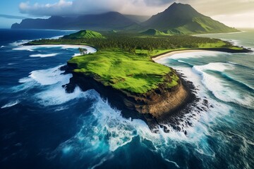 Bird's-eye perspective of Hawaiian island shore captured by a drone offering stunning coastal scenery. Generative AI