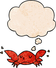 cartoon crab with thought bubble in grunge texture style
