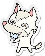 distressed sticker of a cartoon hungry wolf