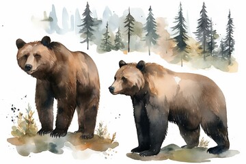 Watercolor bear pngs displaying forest artwork and beautiful unique clipart of a bear in the forest. Generative AI - obrazy, fototapety, plakaty