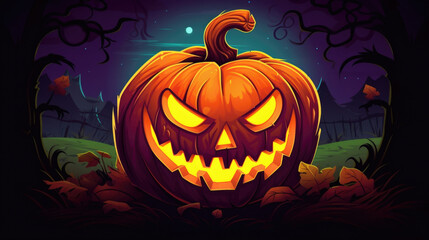 A lantern pumpkin coming to life, with glowing eyes and a mischievous smile. Halloween cartoon