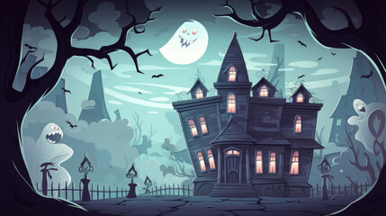 The ghost visits a haunted mansion, where they playfully scare a family of vampires. Halloween cartoon - obrazy, fototapety, plakaty