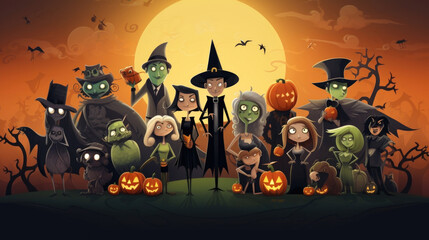 A group of spooky creatures, including ghosts, witches, and vampires, gather for a vibrant Halloween costume party. Halloween cartoon