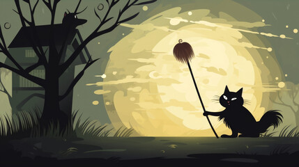 A mischievous black cat crosses the path of a witch, causing her broomstick to go out of control. Halloween cartoon - obrazy, fototapety, plakaty