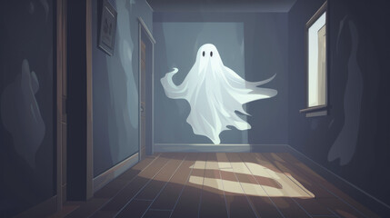 A ghostly figure floats through walls, leaving traces of ectoplasm in its wake. Halloween cartoon