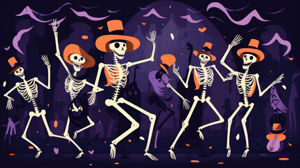 Fototapeta na wymiar An energetic skeleton leads a dance off between witches, ghosts, and zombies. Halloween cartoon