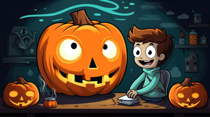 The ghost protagonist enters a pumpkin carving contest and creates an impressive lantern that shocks everyone. Halloween cartoon