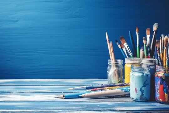 School supplies on blue wooden background with empty space. Generative AI
