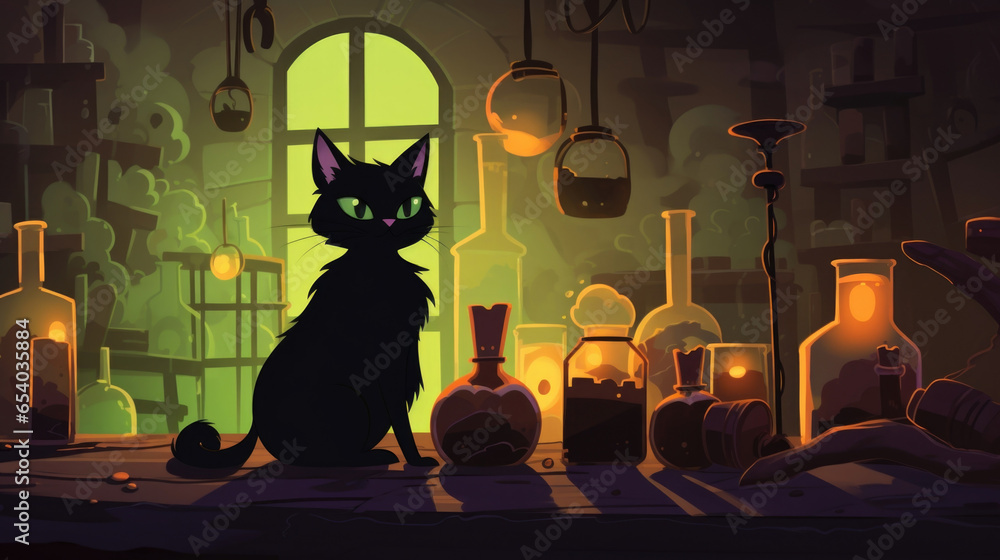 Poster a mischievous black cat sneaks into a witchs laboratory, knocking over potion bottles and creating a